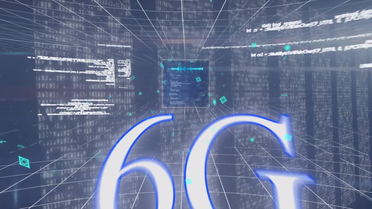 Animation of soundwave, data, numbers, icons and 6g text over grid pattern against blue background