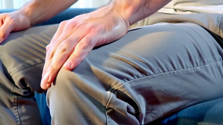 A man is sitting on a couch with his hand on his knee