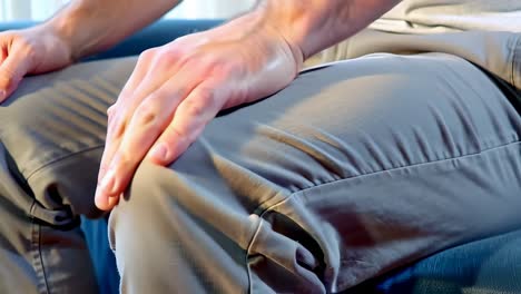 a man is sitting on a couch with his hand on his knee