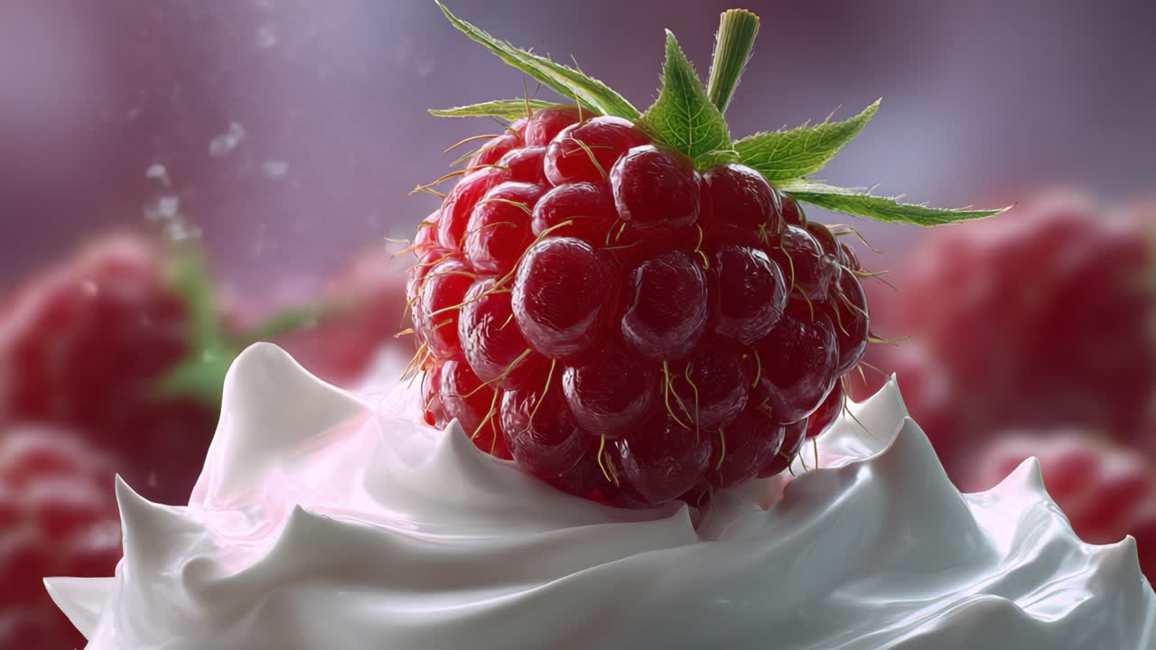 A Close-Up of a Juicy Raspberry Sitting on Whipped Cream with a Beautiful Background Highlighting the Freshness and Colorful Details of the Dessert