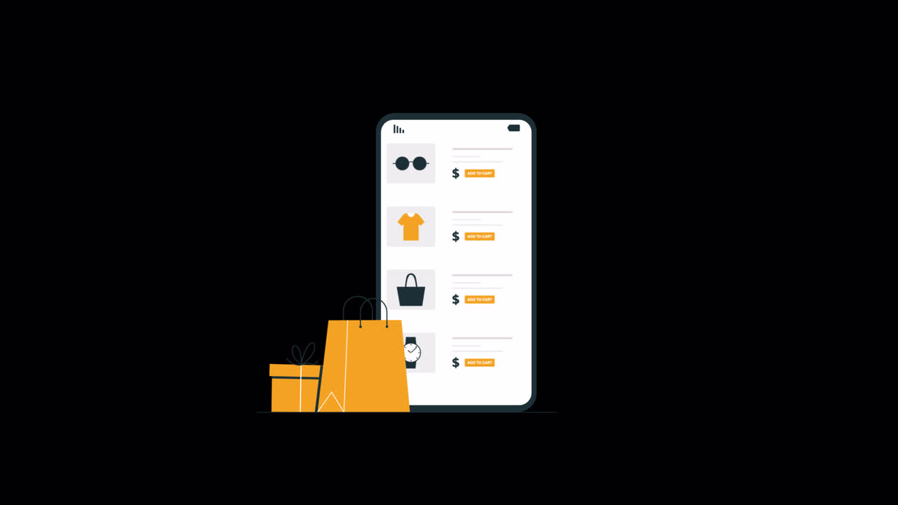 Анимированный смартфон, отображающий список товаров для онлайн-покупок
