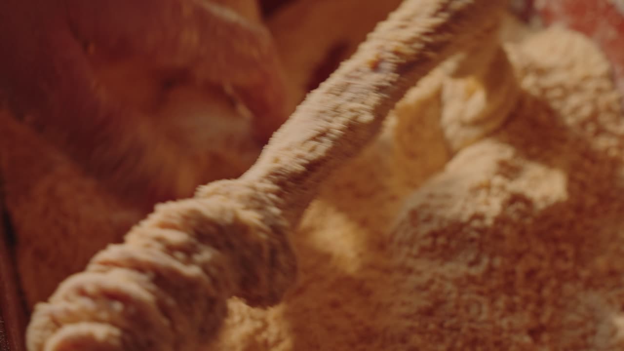 Hand wraps cornmeal covered tripe onto stick for traditional sausage prep in north Portugal