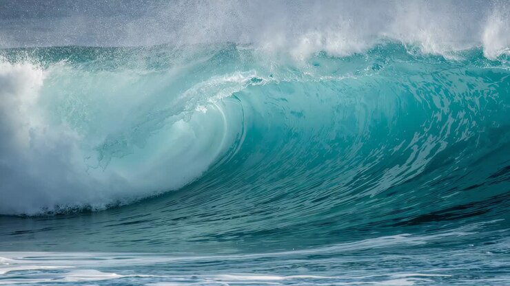 Rolling turquoise wave steepening over reef, curling into barrel then collapsing with white spray