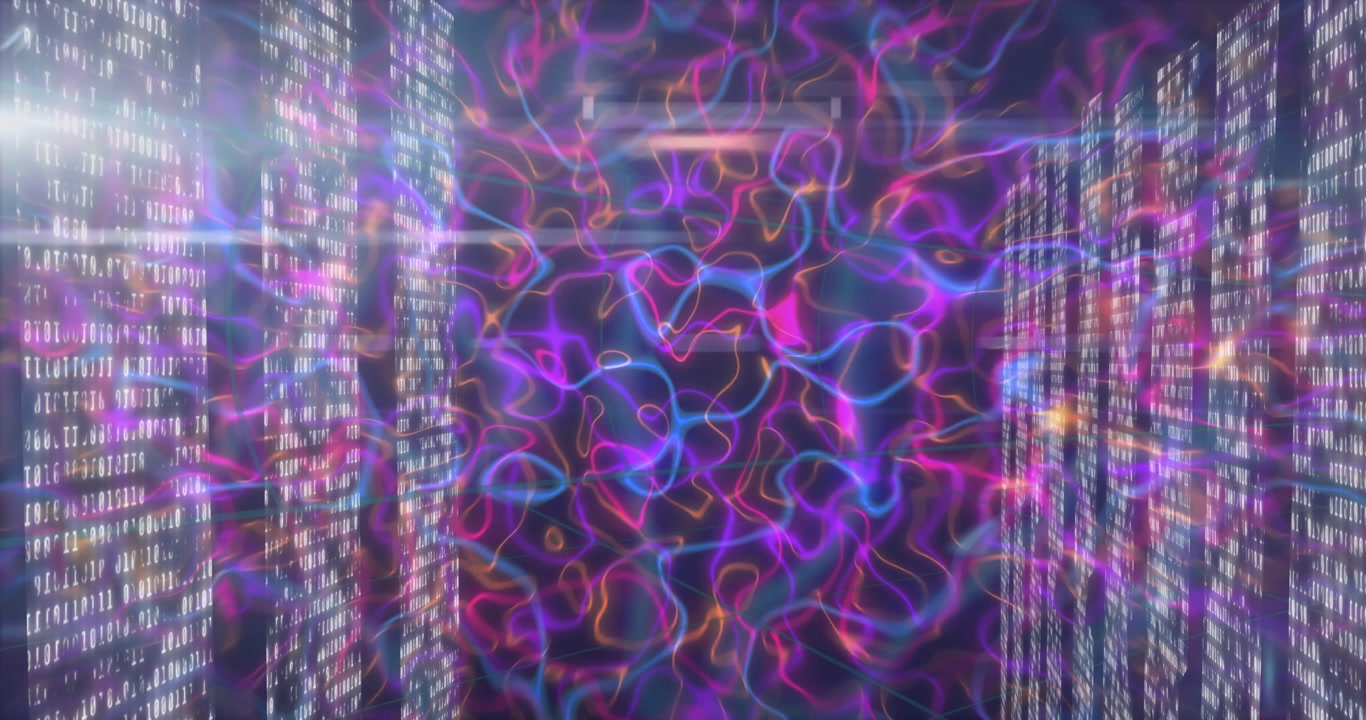After code columns appearing, neon tendrils weaving inward, code pillars pulsing showing data flow
