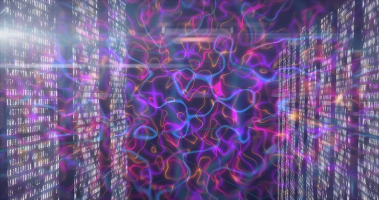 After code columns appearing, neon tendrils weaving inward, code pillars pulsing showing data flow