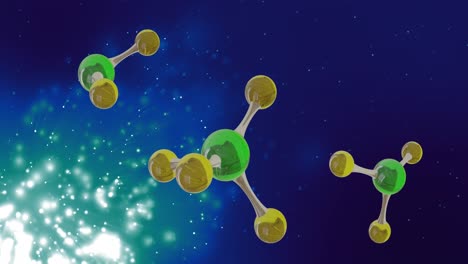 animation of micro of molecules models and light trails over blue background