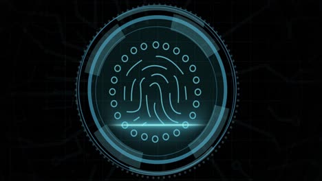 animation of fingerprint scanning in circle and cyber security on black background