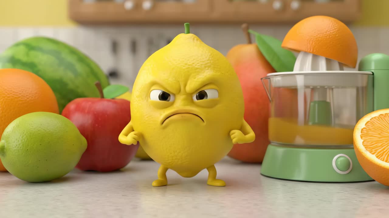 Sur cartoon citron-karakter på køkkenbord med frugter