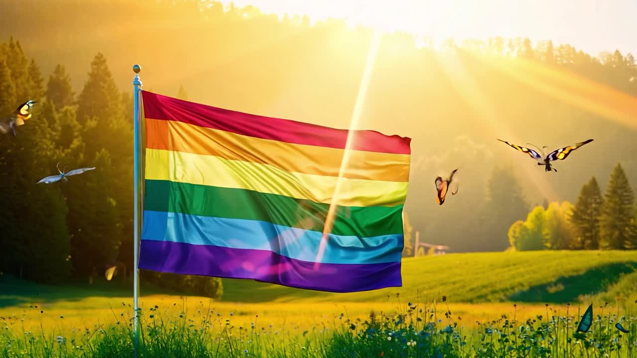 bandera del arco iris ondeando en un campo al atardecer