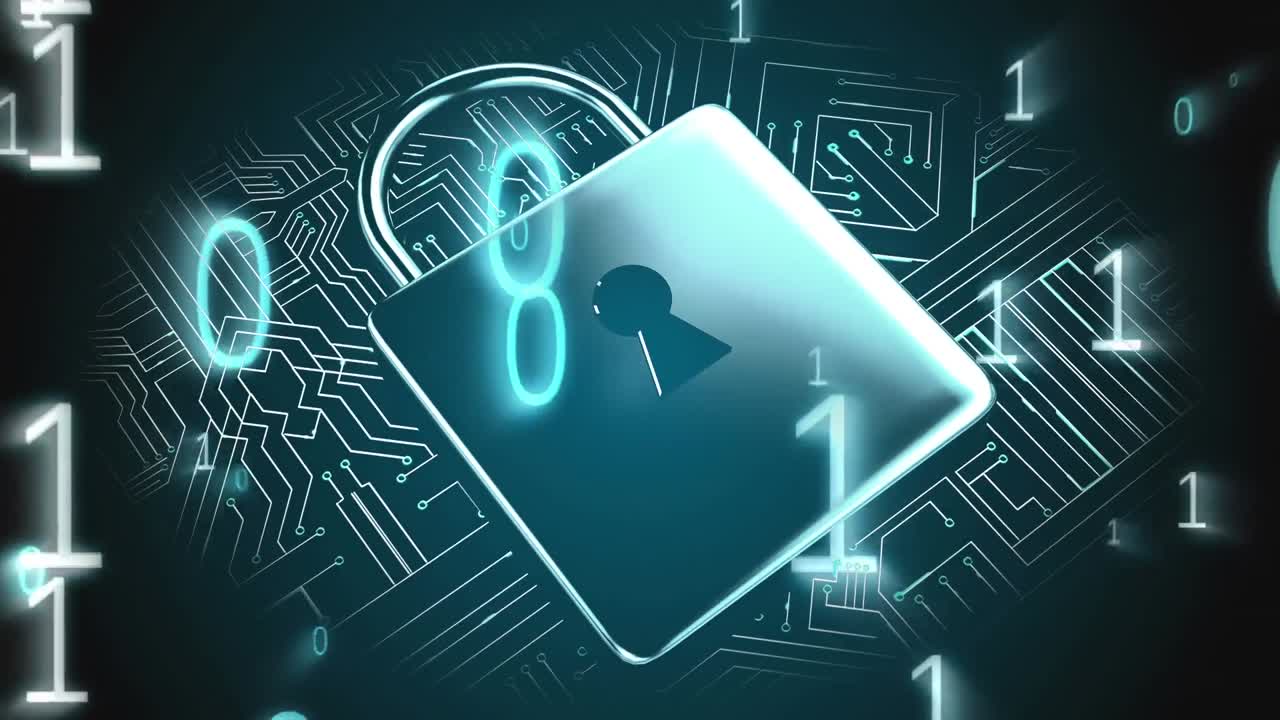 animación del procesamiento de datos a través del candado de seguridad en línea y la computación de codificación binaria