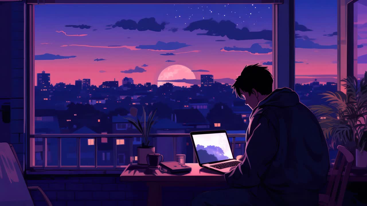 A digital art scene of a person using a laptop at night, viewed from behind