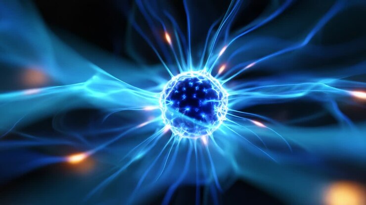A Stunning Visualization of Energy Waves Surrounding a Central Blue Sphere, Showcasing Dynamic Plasma Movement and Electric Activity in an Abstract Representation of Natural Phenomena
