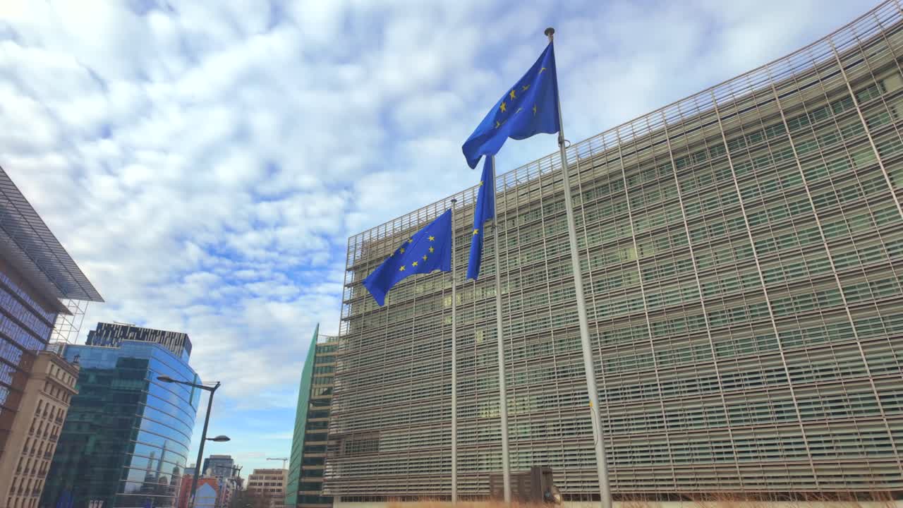 Wide view of EU flags fluttering among Brussels city architecture