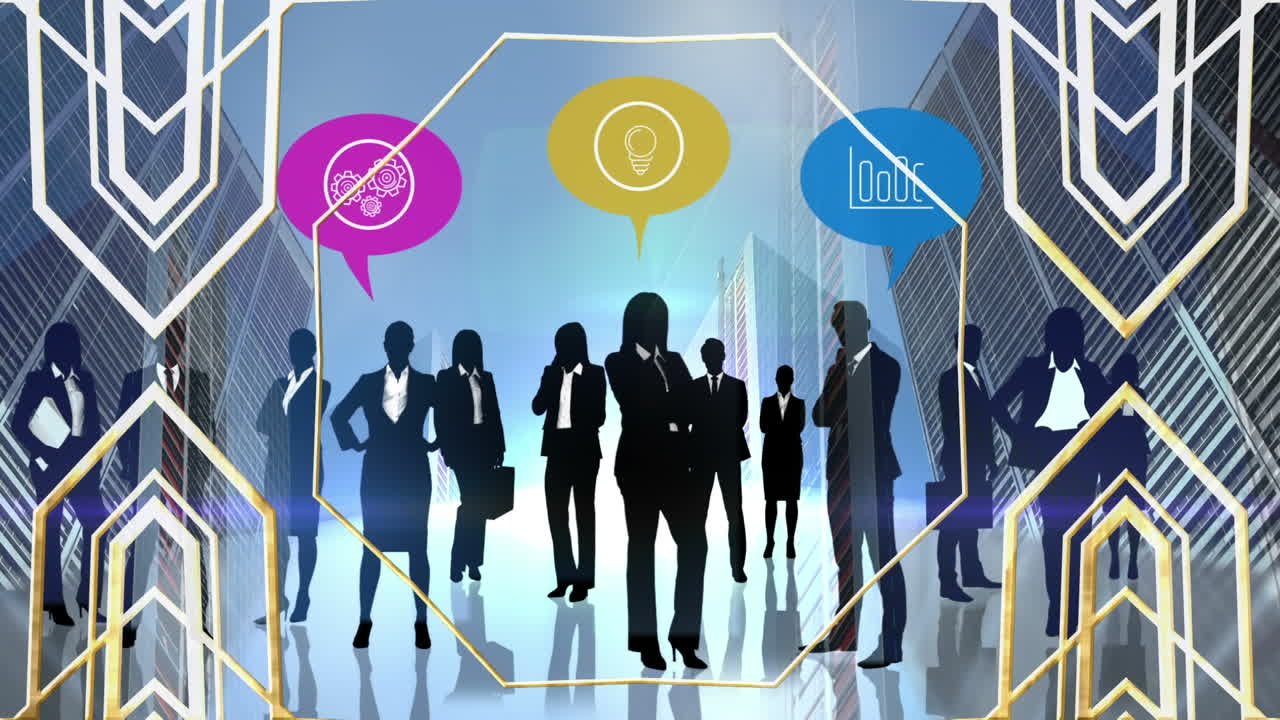 도시 풍경 위에 있는 사업가 아이콘과 모양의 애니메이션