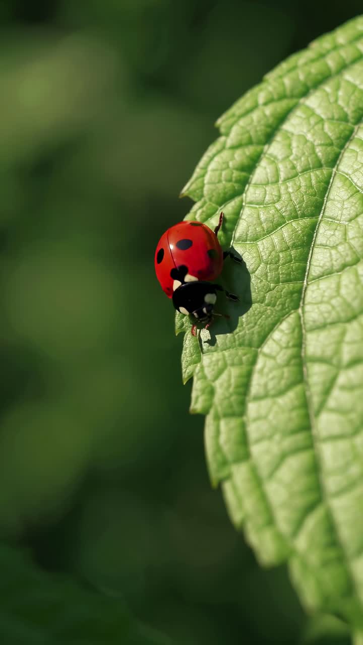 Close-up video of a ladybug on a green leaf, captured from a side angle