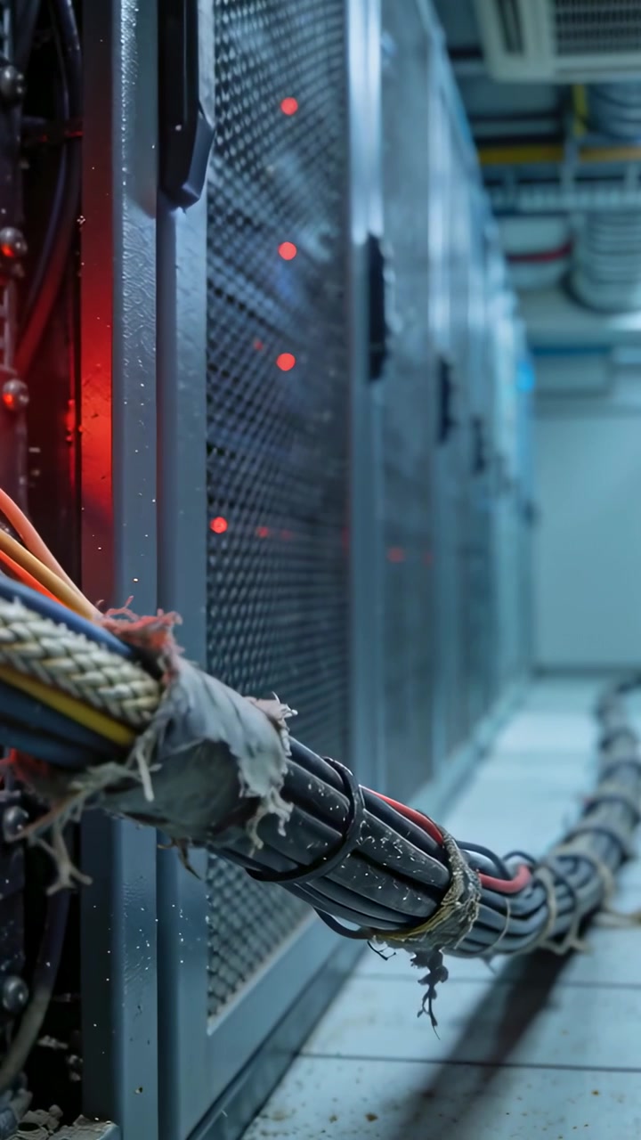 Vertical video: Panning camera along torn cable in rack row showing tape repairs and red LEDs
