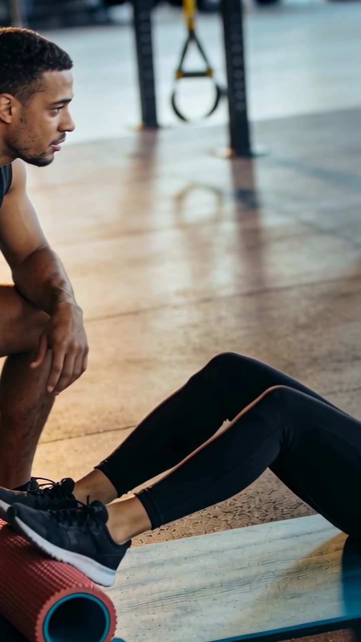 Video vertikal: Seorang wanita melakukan sit-up di gym atas arahan pelatih, dengan kaki di atas foam roller untuk melatih otot inti.