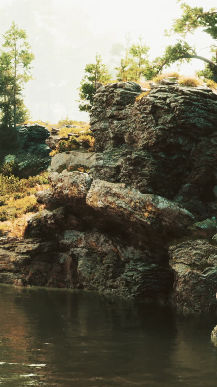 안개 숲 에 있는 조용 한 호수 를 내려다보는 바위 절벽