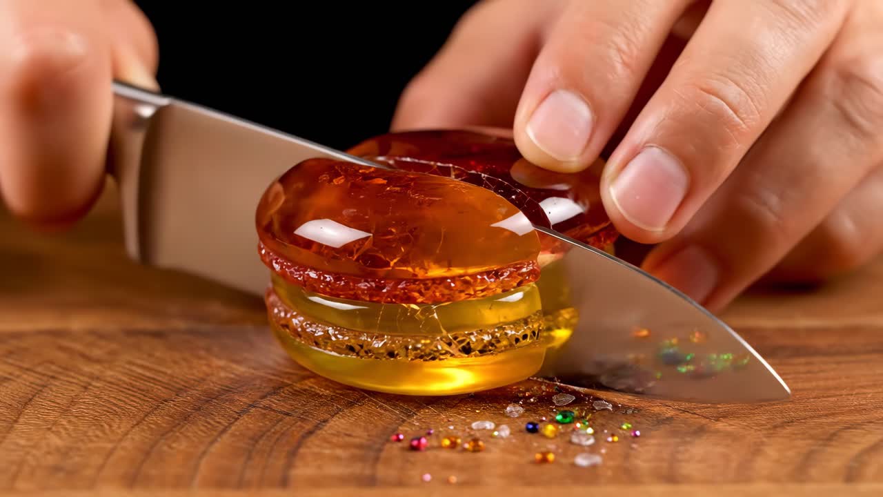 Cutting into a Macaron Dessert