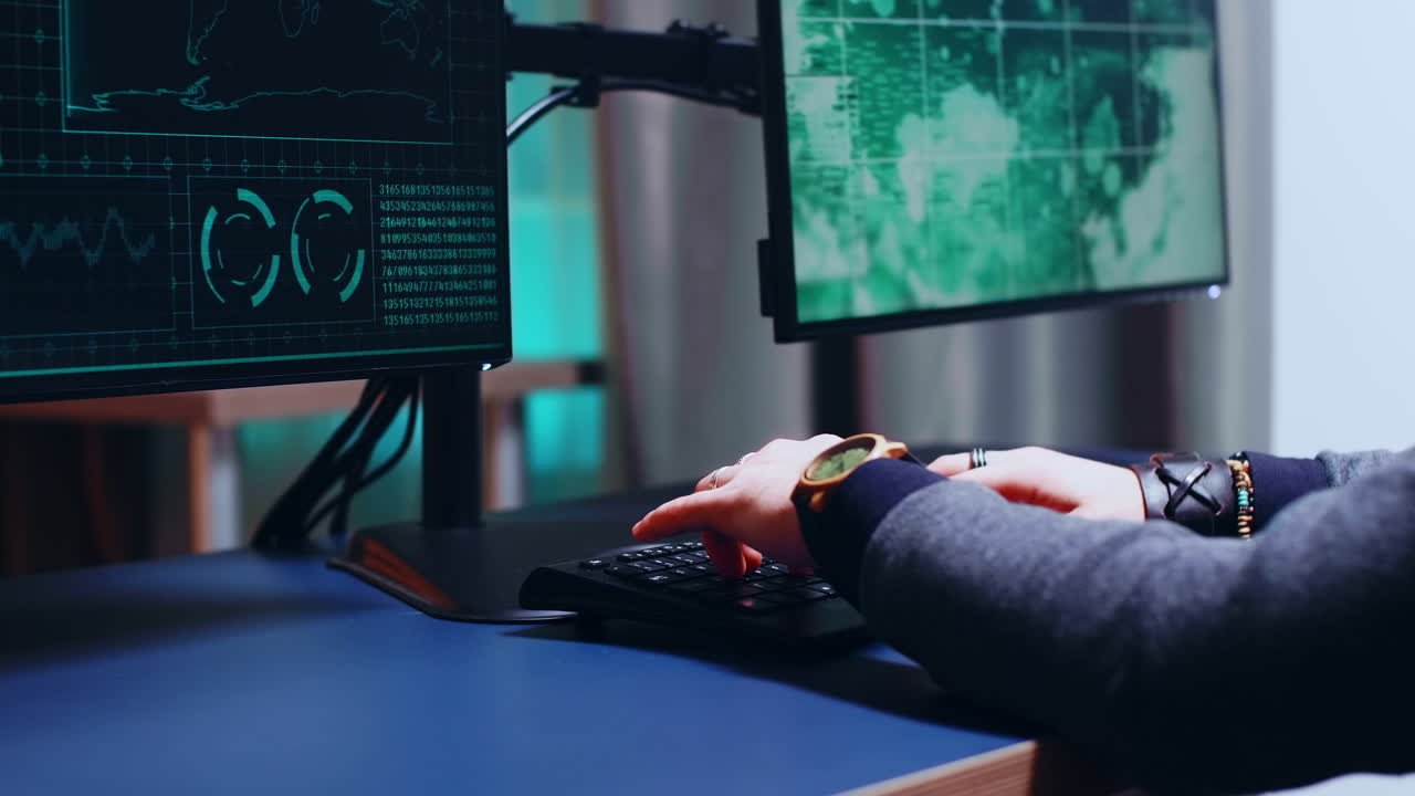 Close up of cyber criminal hands writing malware