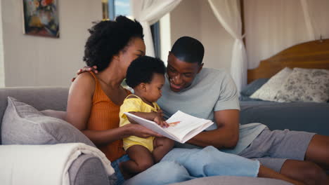 familia sentada en el sofá en casa con los padres leyendo un libro con la hija pequeña