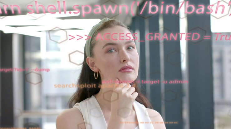 Woman gazing and smiling as camera recentring causing pink code overlaying face with ACCESS, tech