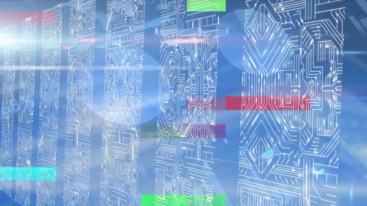 Animation of interference and financial data processing over columns with computer circuit board