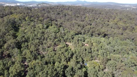 4k aerial video of a dead end street flying towards a large bushland with mountains in the background in australia