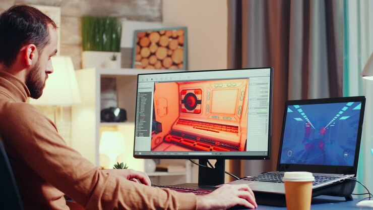 Young game developer using modern software
