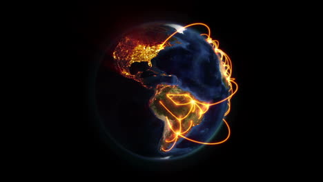 tierra iluminada con conexiones naranjas girando sobre sí misma con imagen de la tierra cortesía de nasa.org