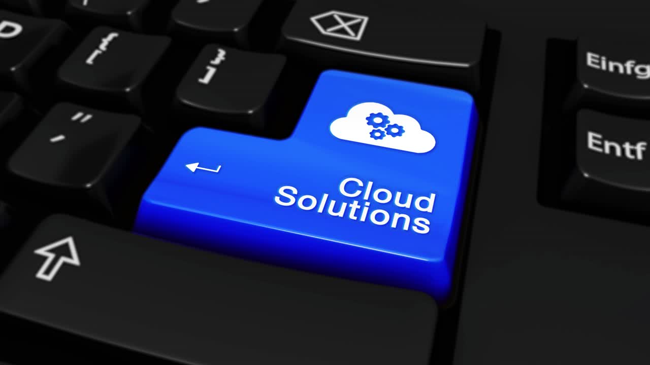 107 cloud solutions round motion on blue enter button on modern computer keyboard with text and icon