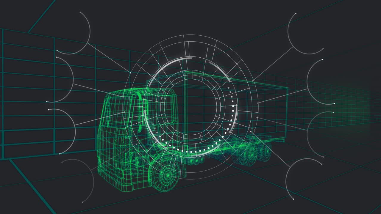 HUD che avvia la scansione, camion wireframe verde brillante mentre gli anelli scorrono in senso orario, controllo dei sistemi