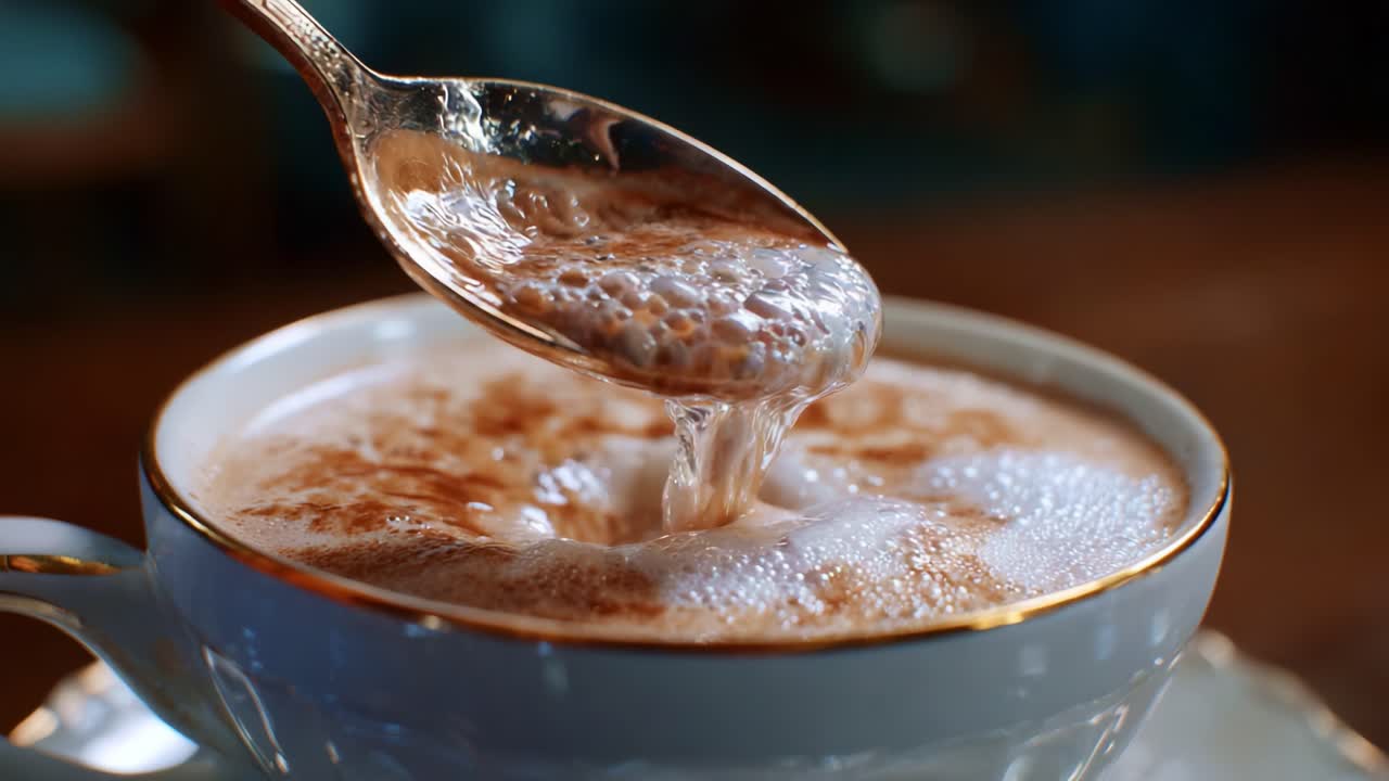 Tazza di cioccolata calda accattivante: ricco cioccolato che cola da un cucchiaio, schiuma che crea splendidi motivi in un'elegante tazza bianca