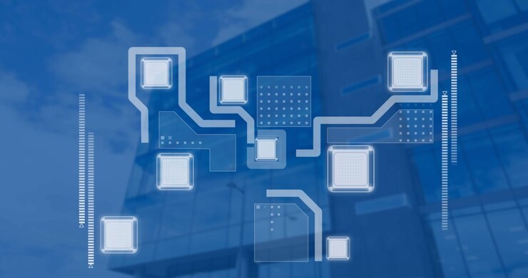 Animation af interface med databehandling mod høj bygning