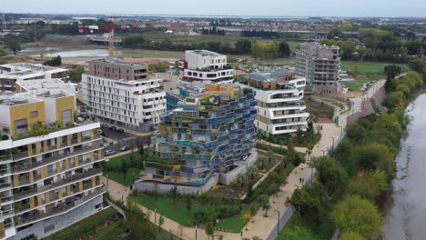 Port Marianne modern neighbourhood buildings along the Lez river France