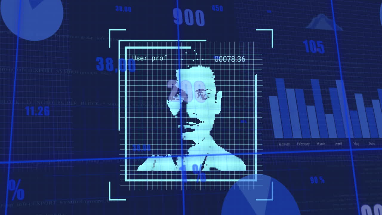 animación de iconos de perfiles cambiantes y procesamiento de datos estadísticos contra un fondo azul