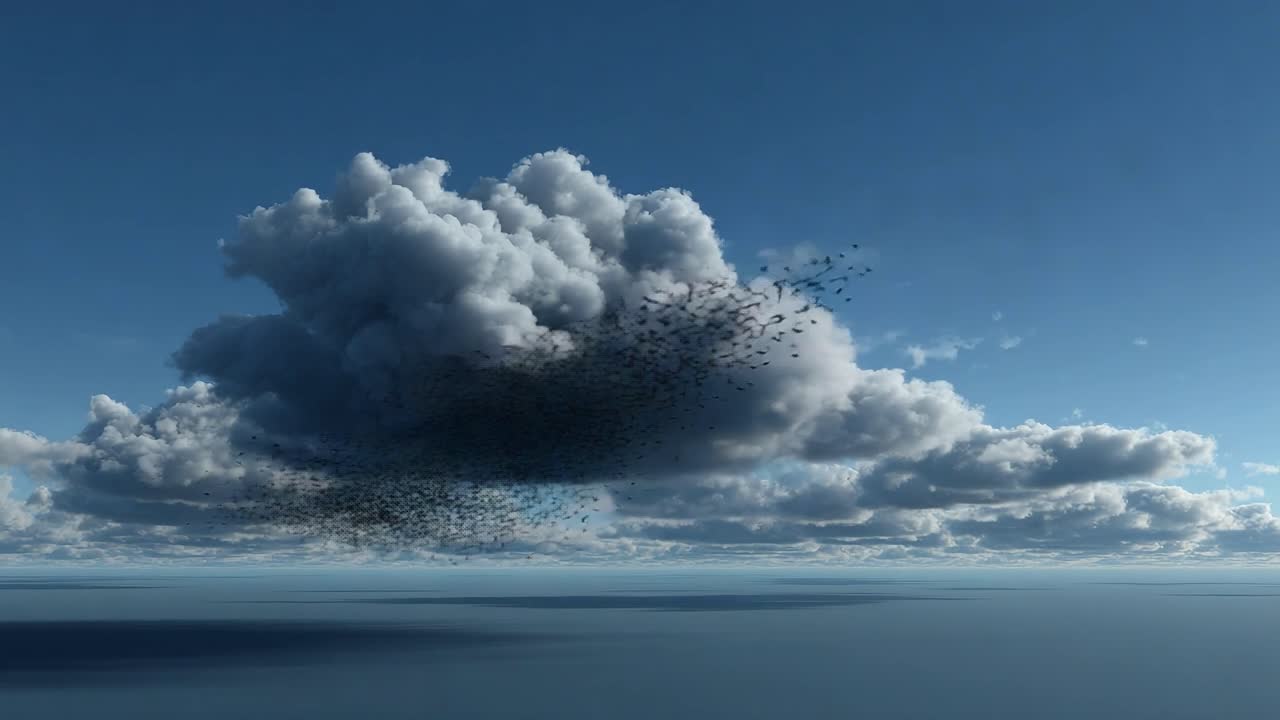 A Dynamic Cloud Formation Transitioning Over Water with a Flock of Birds Emanating from Its Center, Captured in Two Frames of a Mesmerizing Video Experience