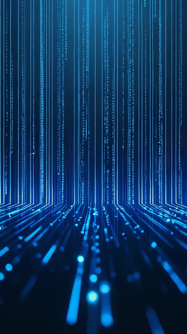 Vertical video: Starting vertical blue streams surging on grid tracks in data tunnel, pulsing nodes