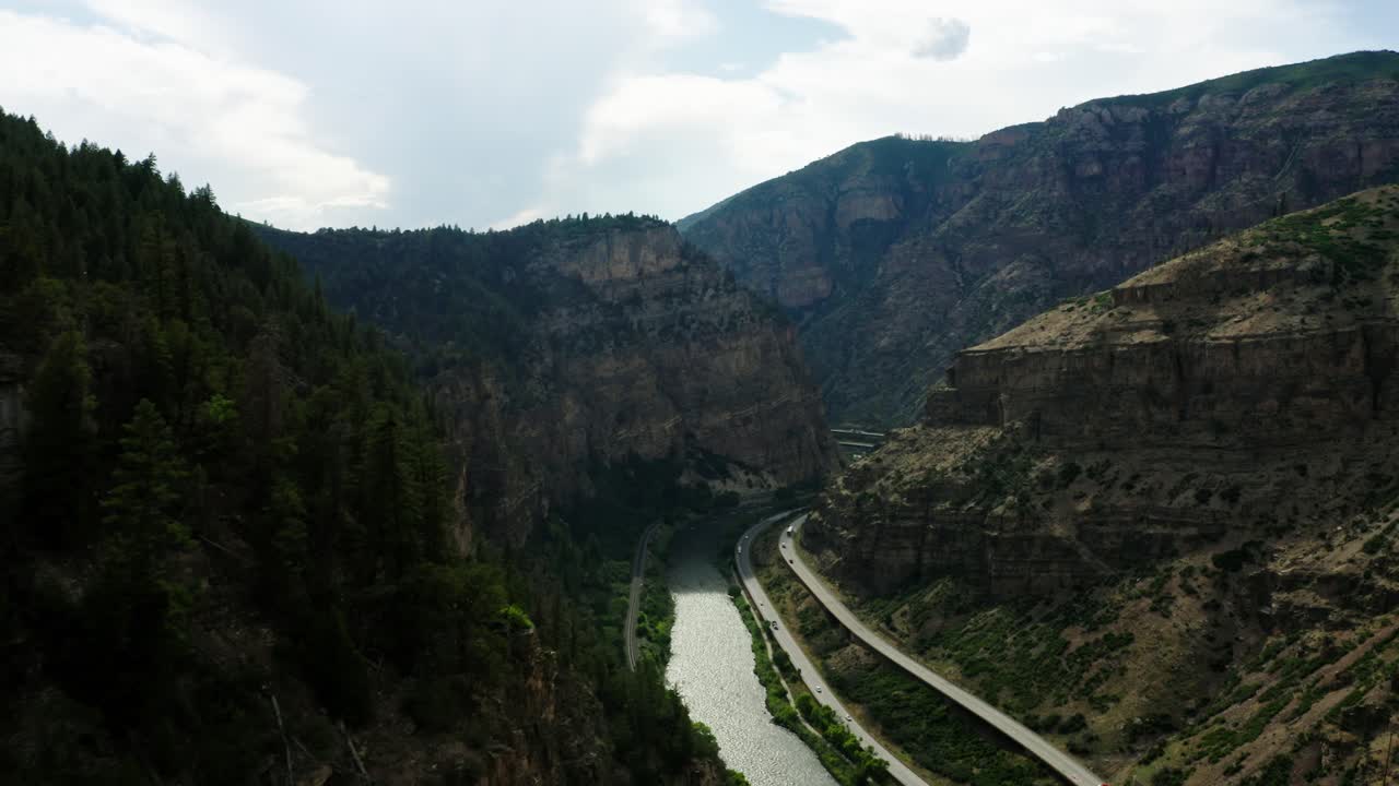 Aerial view of Colorado's Glenwood Canyon on an overcast but bright day