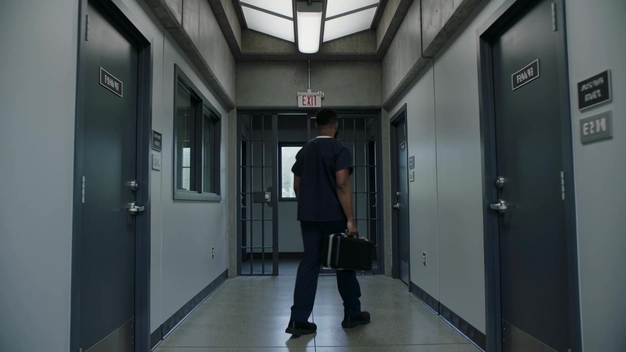 Entrando da sinistra, un uomo in uniforme scura che trasporta una valigetta metallica cammina a grandi passi lungo il corridoio.