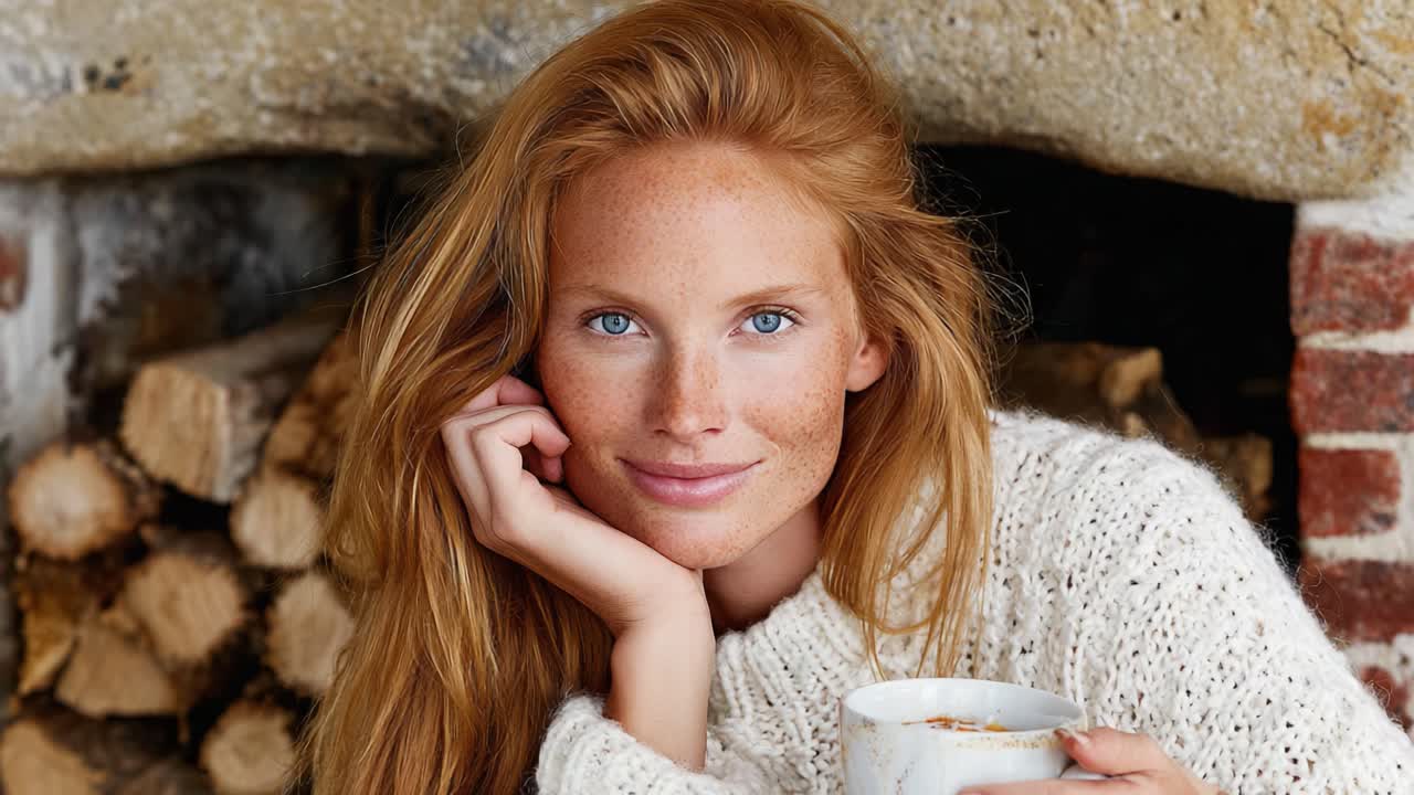 A cozy moment captured: a woman with beautiful red hair and freckles relaxing by the fireplace, holding a warm cup, radiating comfort and warmth in a serene setting