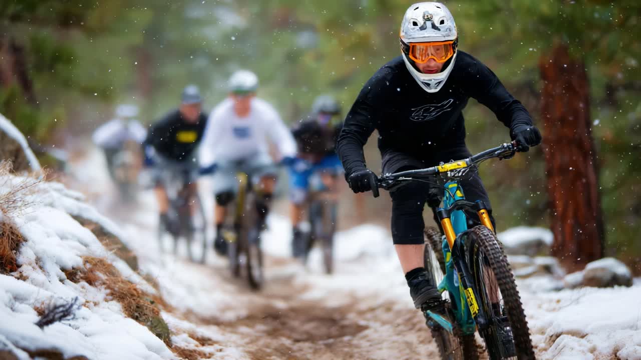 Intense Mountain Biking Action on Snowy Trails: A Group of Riders Conquering Challenging Terrain in Scenic Winter Landscape with Passion and Determination, Captured in Stunning Frames for Enthusiasts