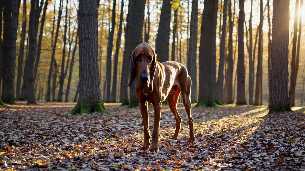A majestic dog stands in a sunlit forest, captured from a low-angle, creating a cinematic video feel
