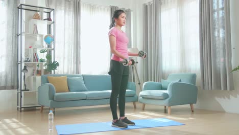 mujer haciendo ejercicios de brazo con manivela en casa