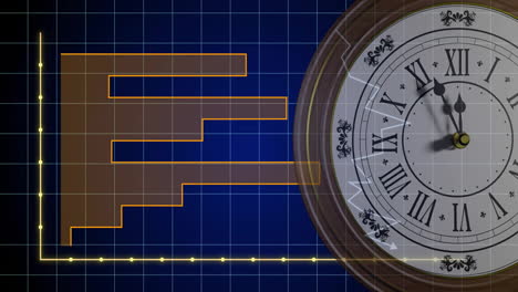 Animación-De-Diagrama-Y-Reloj-Sobre-Fondo-Azul