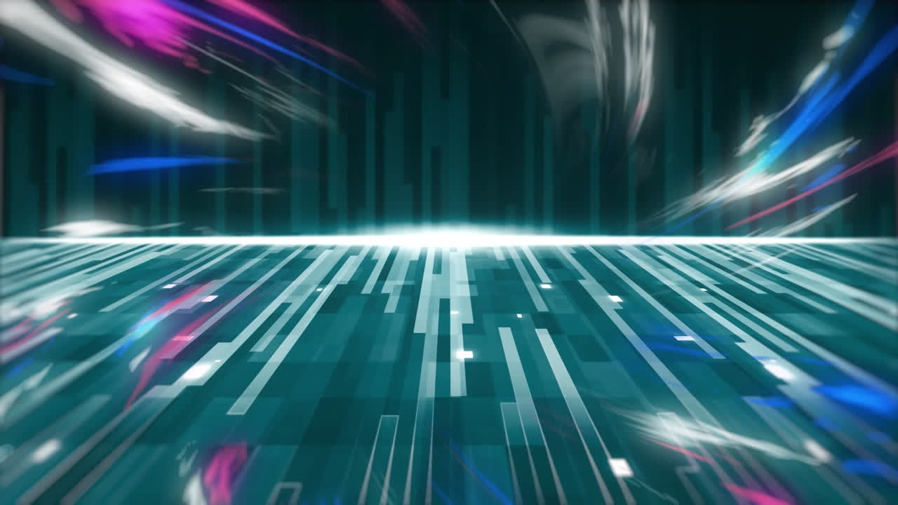 Animation of pink and blue spinning lights over blue stripes and lights