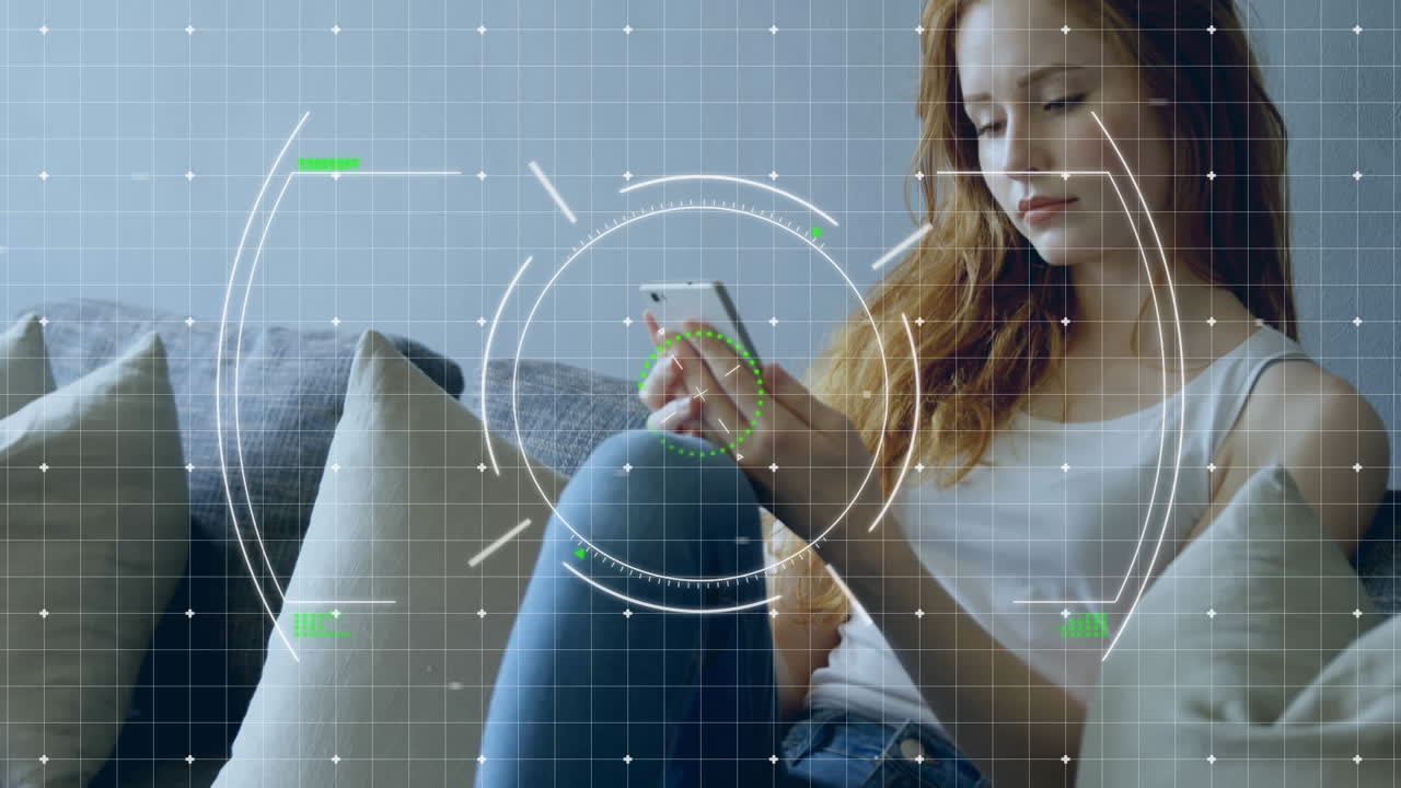 animación de la exploración del alcance sobre la mujer usando un teléfono inteligente