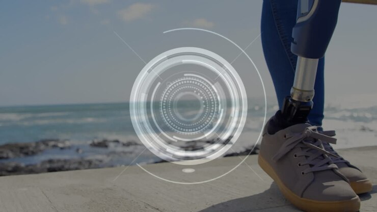 Animation of scope scanning over woman with artificial limb standing by seaside