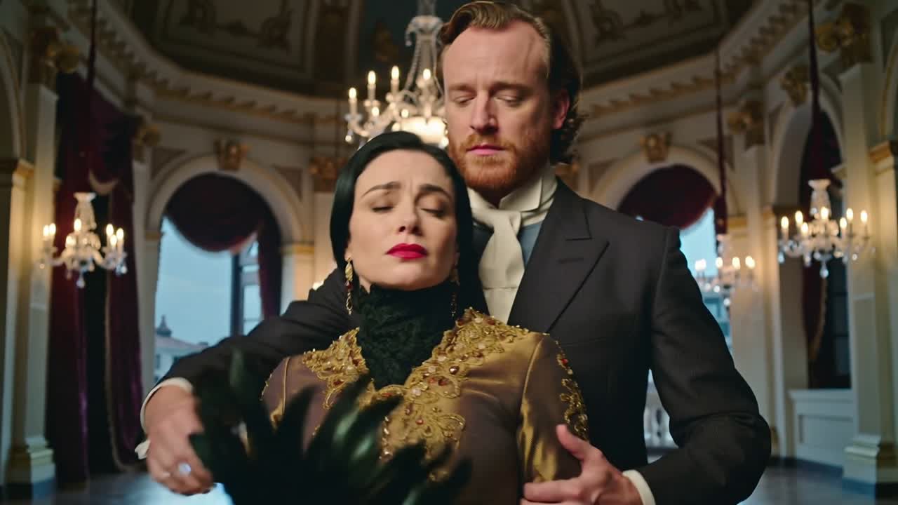 Una donna con abito dorato si aggiusta togliendosi la maschera d'oro nella sala del palazzo, mentre un uomo la avvolge con le braccia per darle conforto.