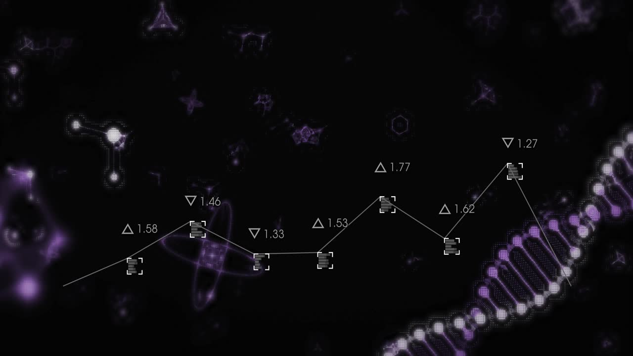 Extending line on black spawning delta marks drifting motifs and pulsing DNA helix visualizing data